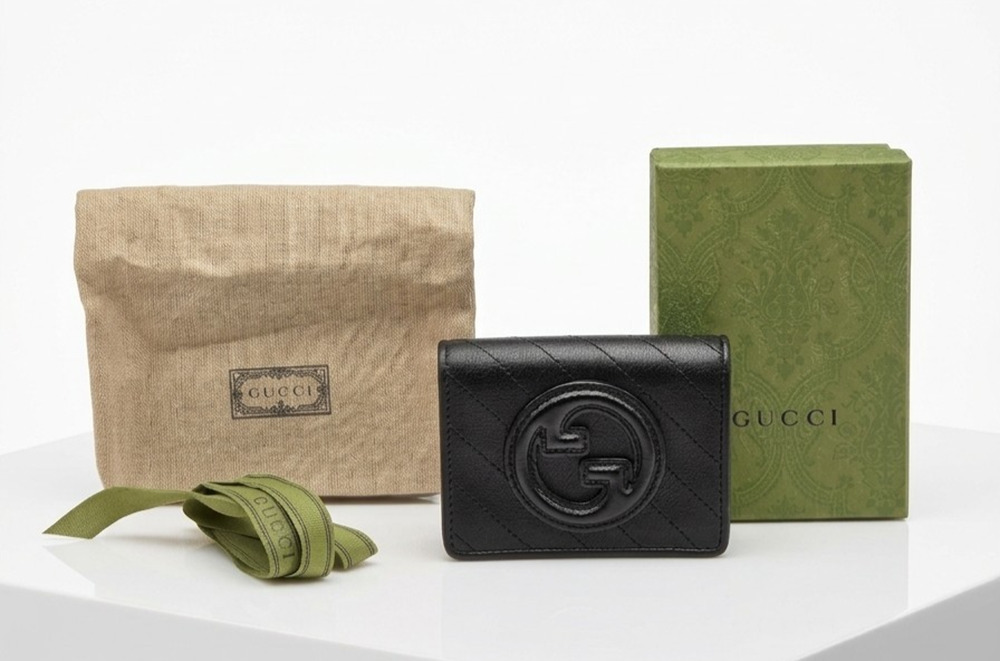 Gucci Blondie Quilted Leather Compact Card Case Wallet Black with Box Dustbag
